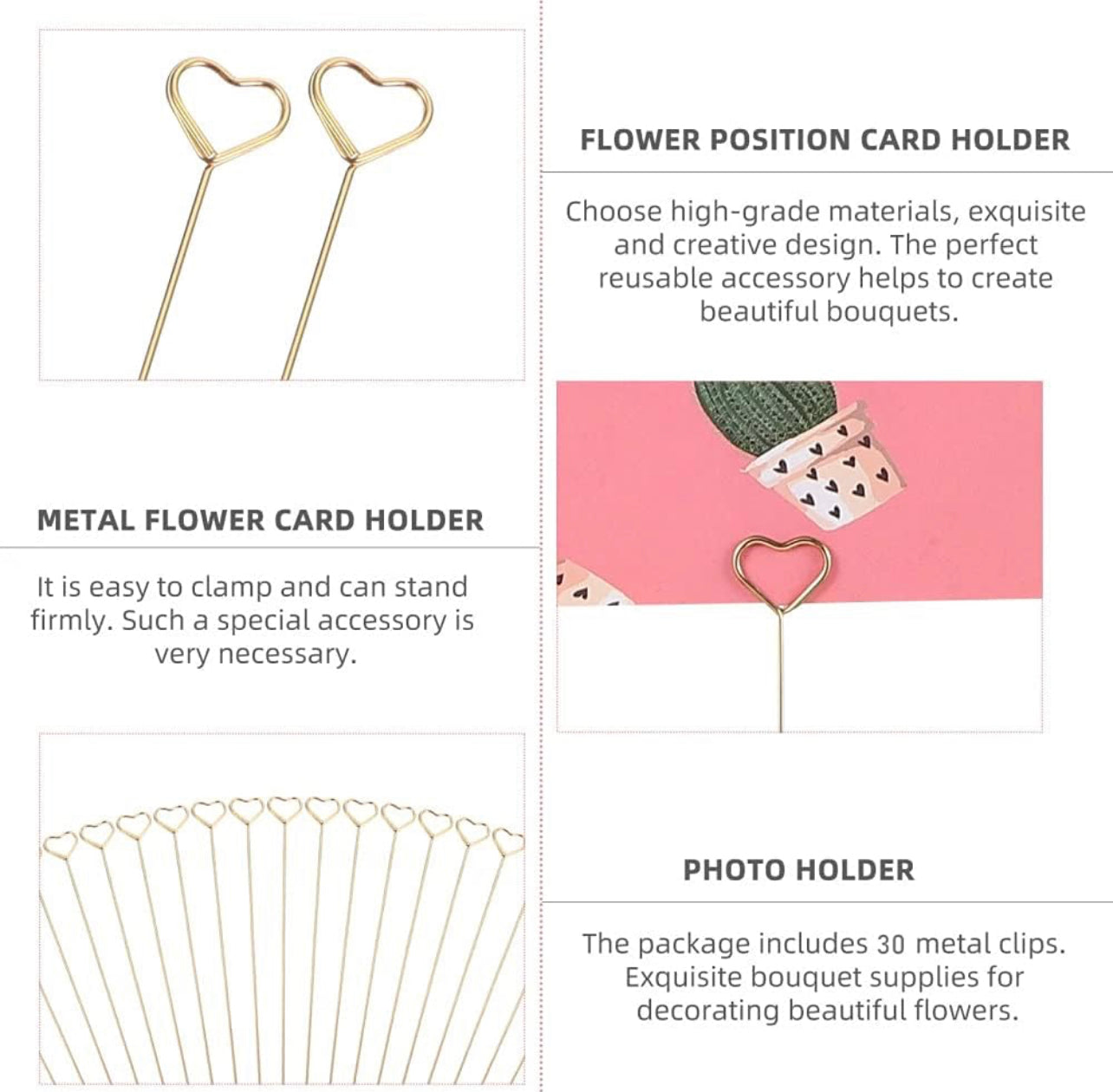 14" Gold Heart Card Holder Pick - 30 Pieces - forever roses store 