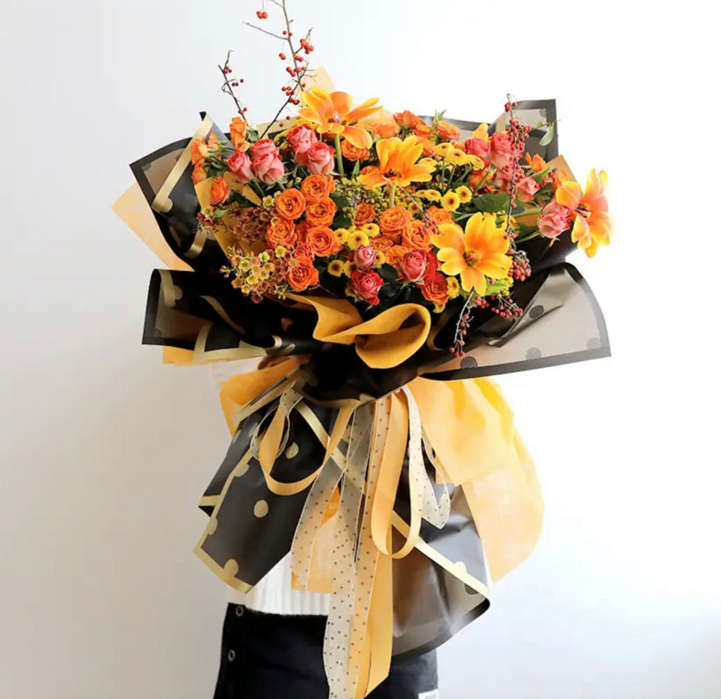 Gold Dots Flower Wrapping Paper - Black